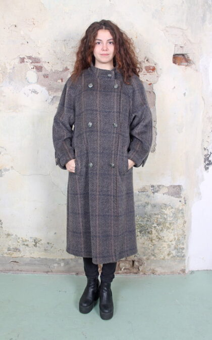 Grijs/bruin double breasted geruite trenchcoat