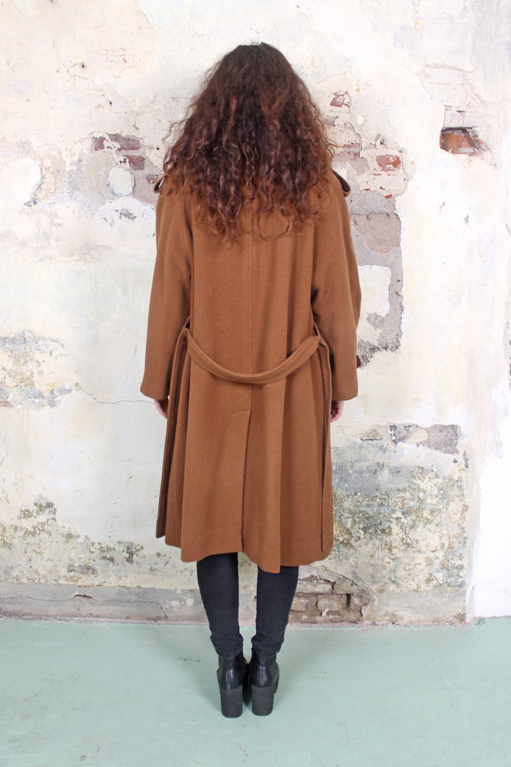 Lange bruine vintage wollen trenchcoat met ceintuur - Afbeelding 2
