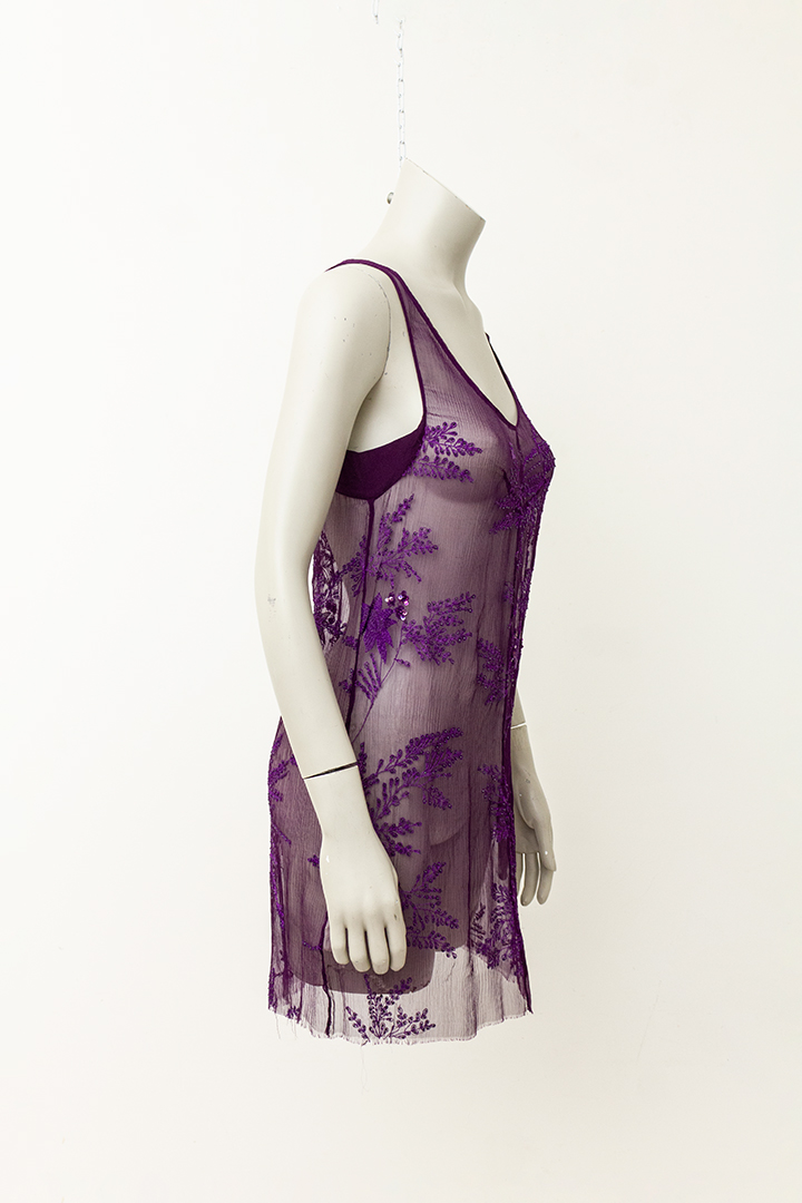 Ann Demeulemeester sheer tuniek paars met borduurwerk en pailletten