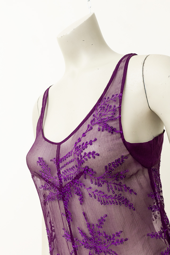 Ann Demeulemeester sheer tuniek paars met borduurwerk en pailletten