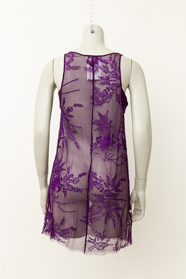 Ann Demeulemeester sheer tuniek paars met borduurwerk en pailletten