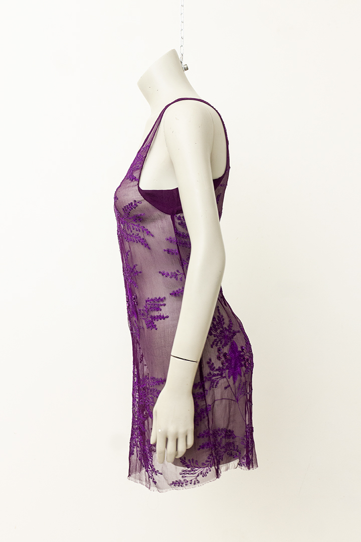 Ann Demeulemeester sheer tuniek paars met borduurwerk en pailletten