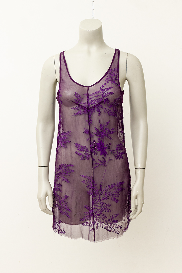 Ann Demeulemeester sheer tuniek paars met borduurwerk en pailletten