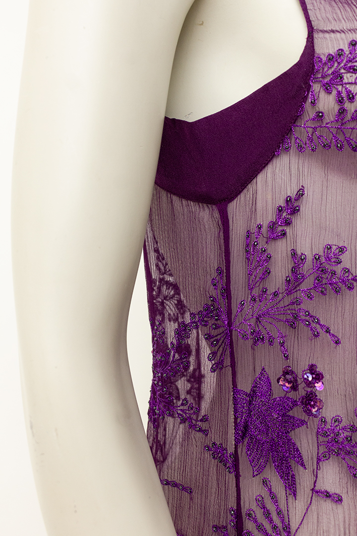 Ann Demeulemeester sheer tuniek paars met borduurwerk en pailletten