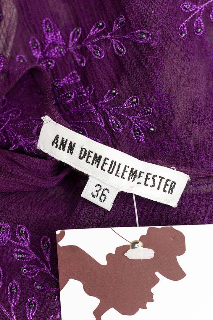 Ann Demeulemeester sheer tuniek paars met borduurwerk en pailletten