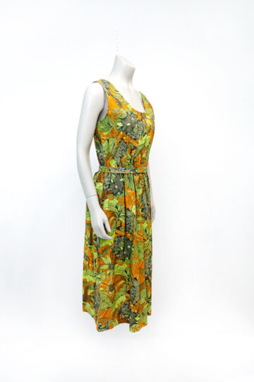 Botanische jurk met strikceintuur en groen/bruine print jaren 70