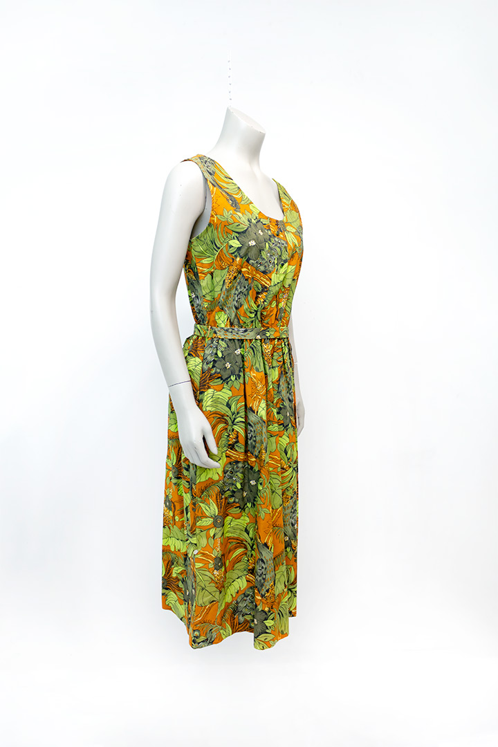 Botanische jurk met strikceintuur en groen/bruine print jaren 70