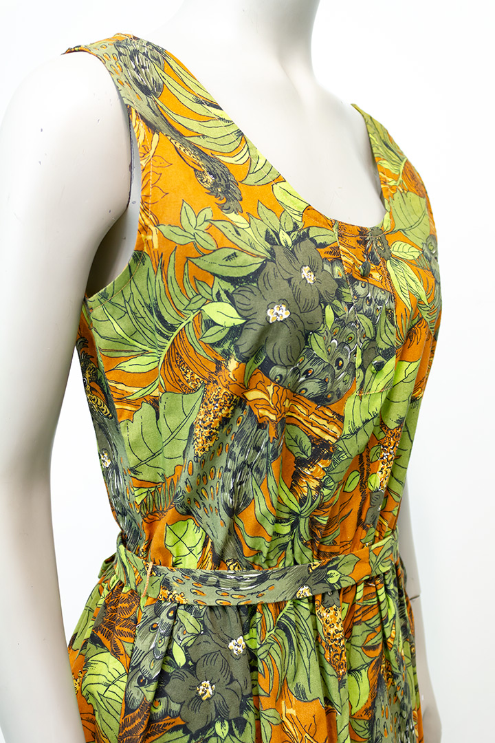 Botanische jurk met strikceintuur en groen/bruine print jaren 70