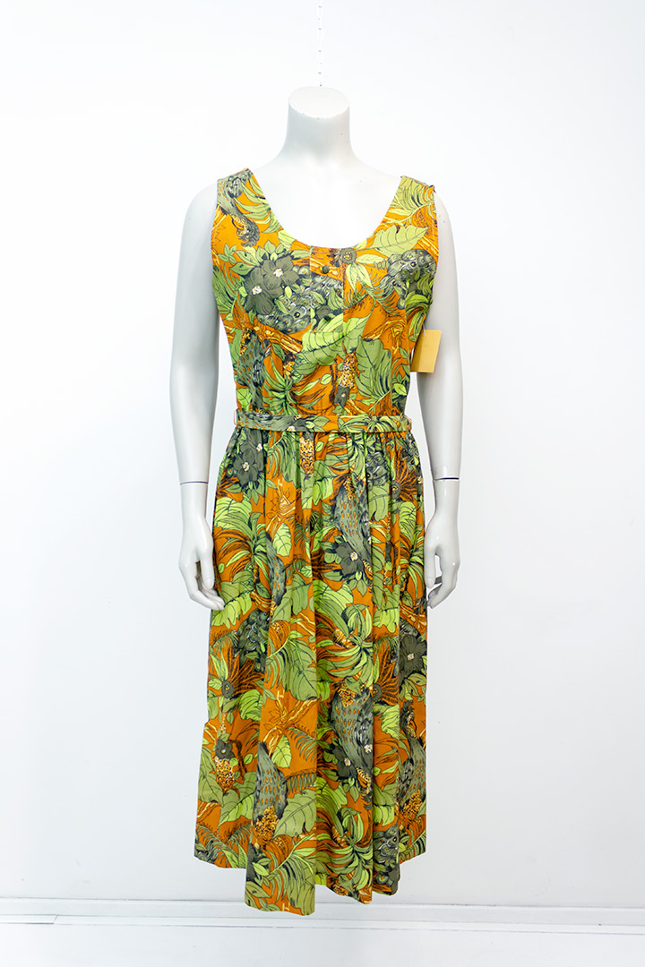 Botanische jurk met strikceintuur en groen/bruine print jaren 70