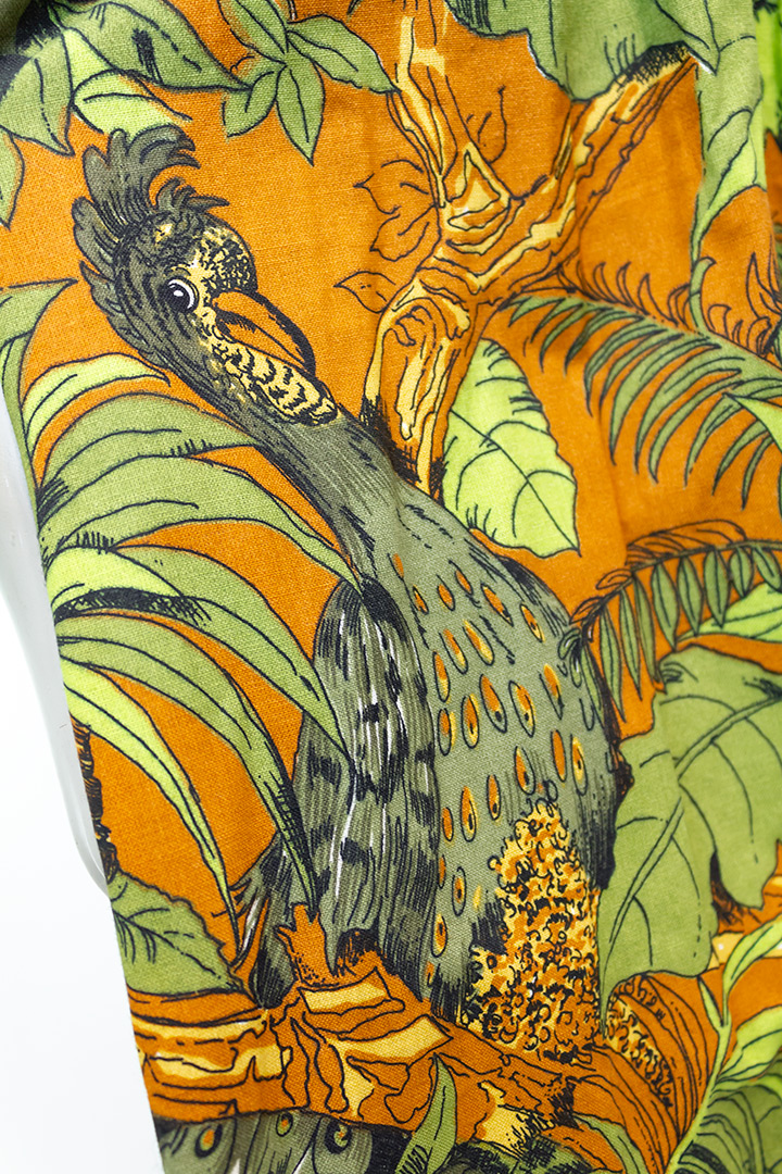 Botanische jurk met strikceintuur en groen/bruine print jaren 70