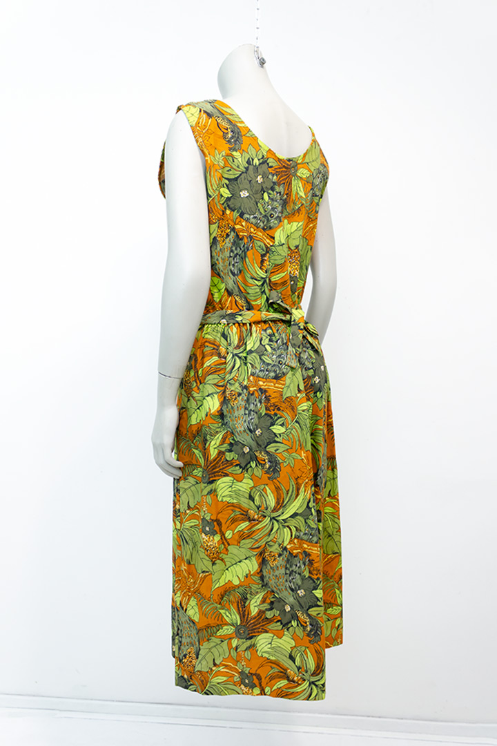 Botanische jurk met strikceintuur en groen/bruine print jaren 70