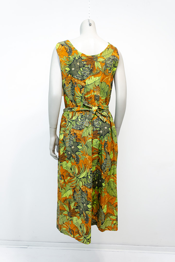 Botanische jurk met strikceintuur en groen/bruine print jaren 70