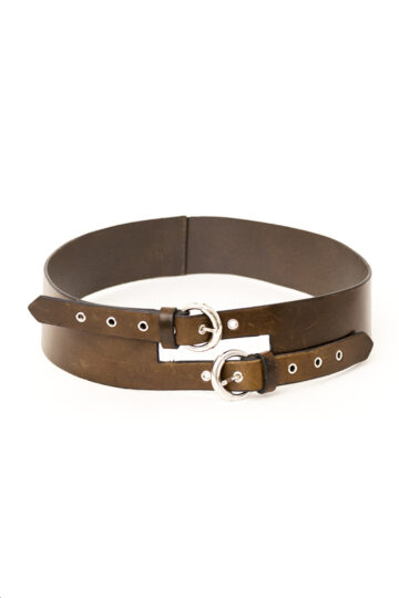 Brede bruine leren riem met dubbele gesp