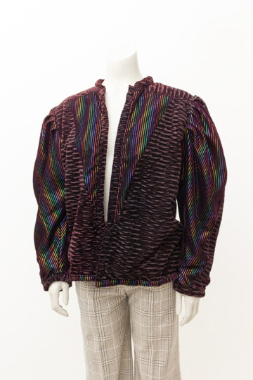 Bruin velvet jasje met regenboog en lurex strepen jaren 80
