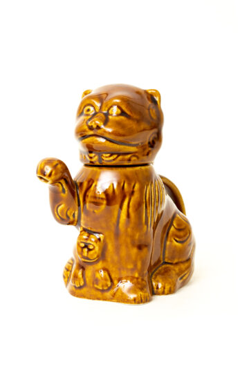 Bruine vintage keramieken theepot leeuw met welp