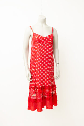 Comme des Garçons rode jurk met witte stippen en rushes