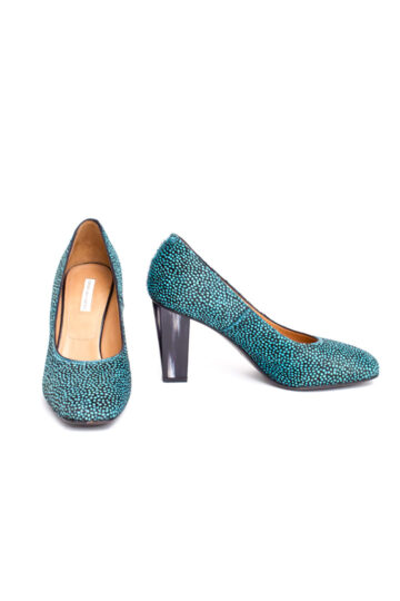 Dries van Noten ‘pony hair’ pumps met gevlekt patroon in turquoise en zwart