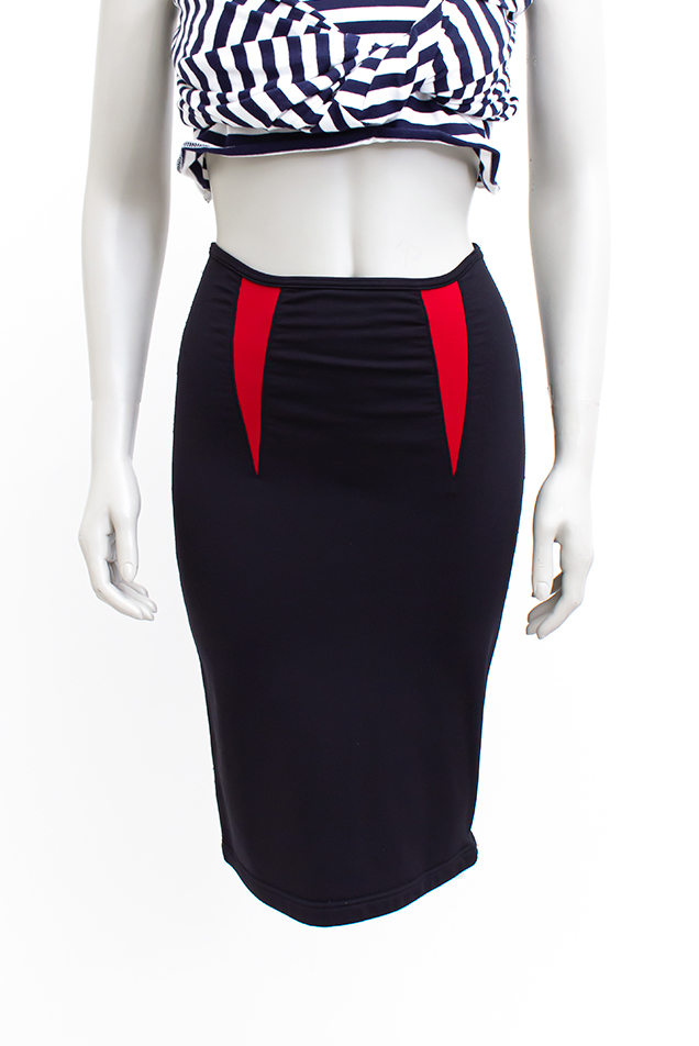 Eighties kokerrok Marithé + Francois Girbaud zwart met rode details