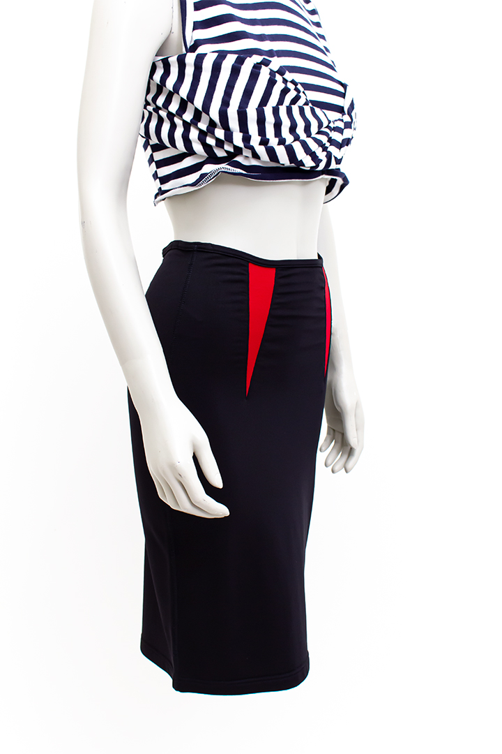 Eighties kokerrok Marithé + Francois Girbaud zwart met rode details