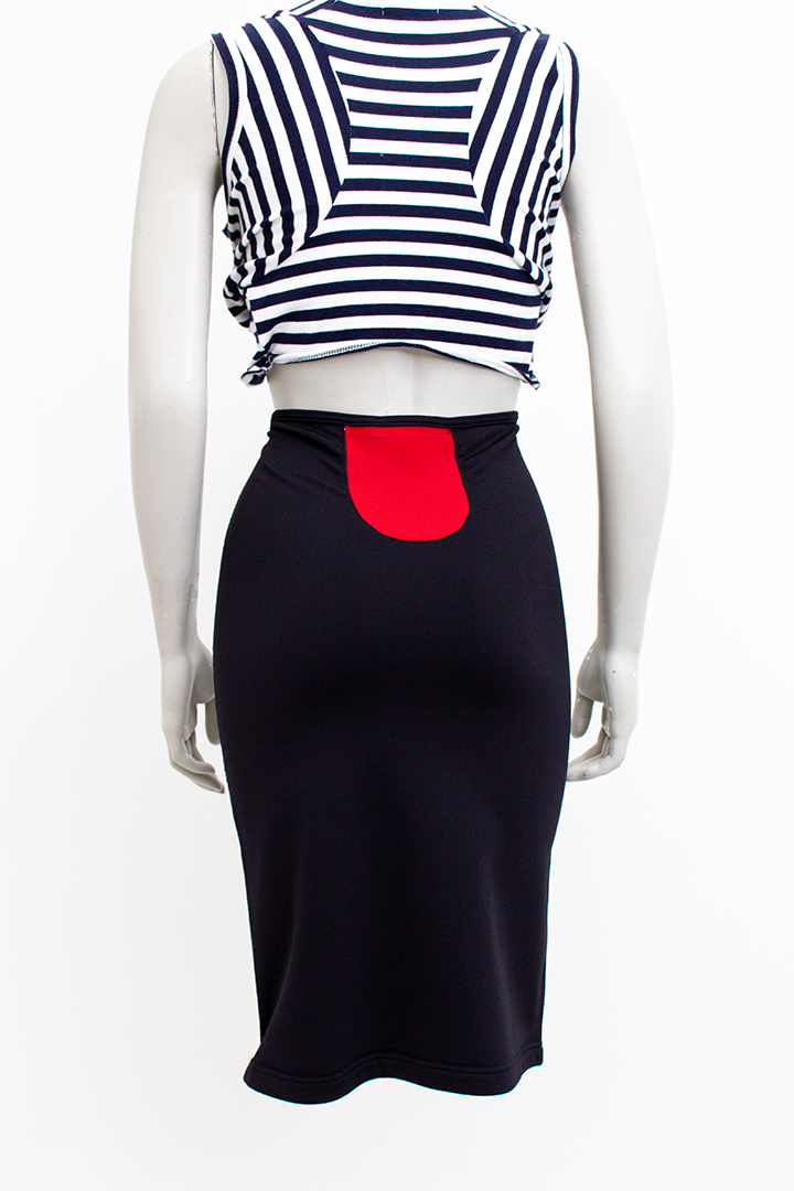 Eighties kokerrok Marithé + Francois Girbaud zwart met rode details