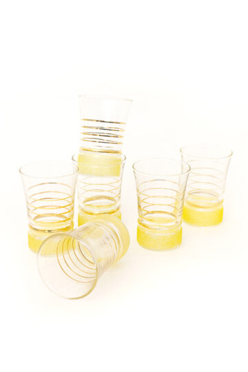Franse kleine drankglaasjes met geel en gouden strepen - set van 6