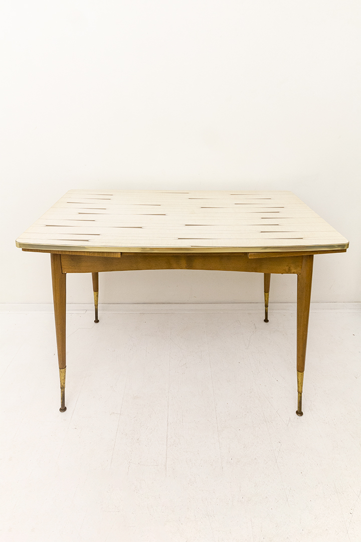 Franse vintage formica tafel met uitklapbaar blad en verstelbare poten