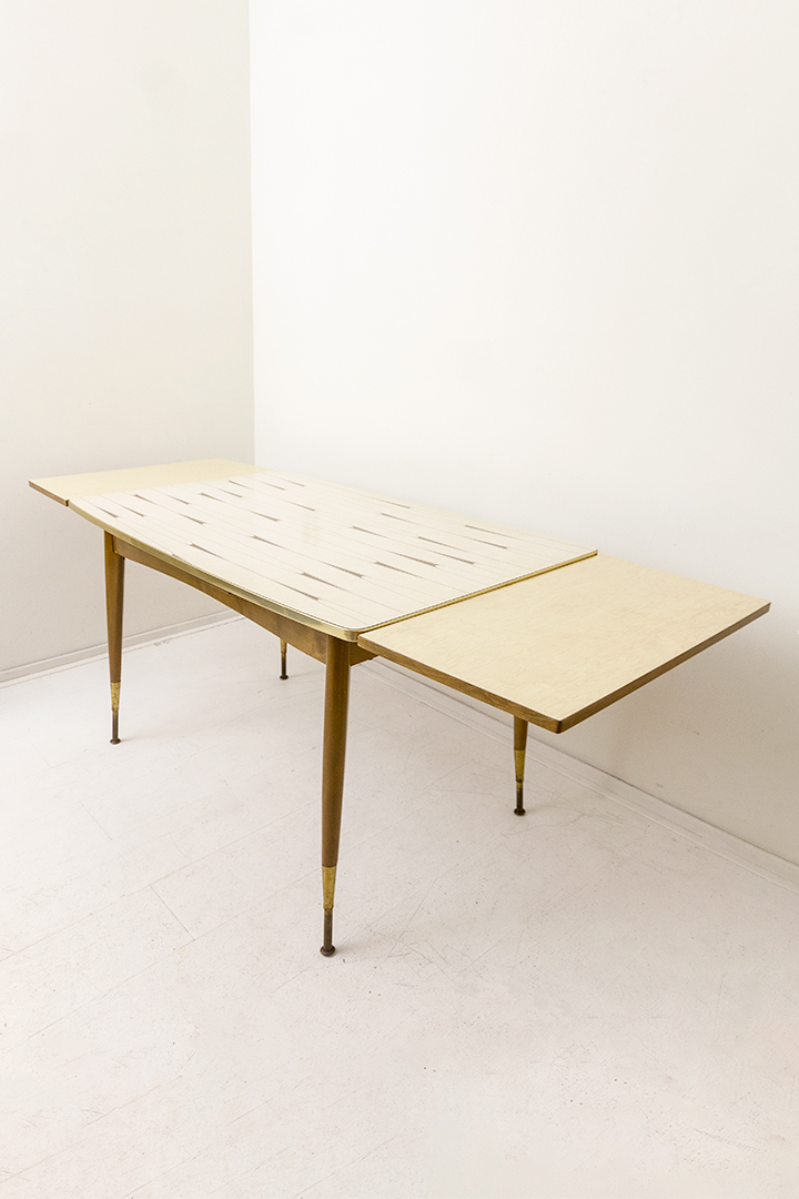 Franse vintage formica tafel met uitklapbaar blad en verstelbare poten