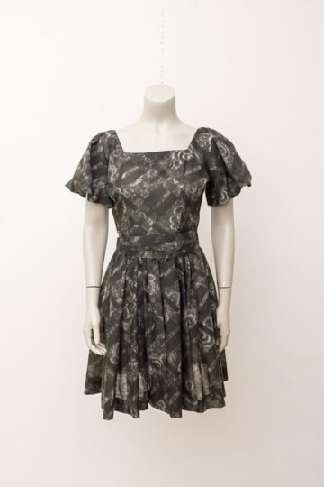 Grijze vintage jurk met pofmouwtjes en ceintuur Jonathan Logan