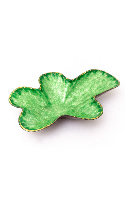 Groen emaille schaaltje in de vorm van een blad - Limoges Frankrijk