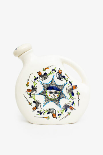 Iranese Meybod keramieken karaf met dop gedecoreerd met vrouwelijke zon vissen vogels