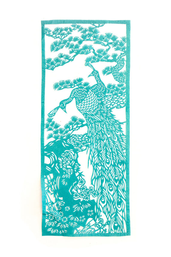 Japans kirigami vintage kunstwerk van blauw papier - pauw in lijst