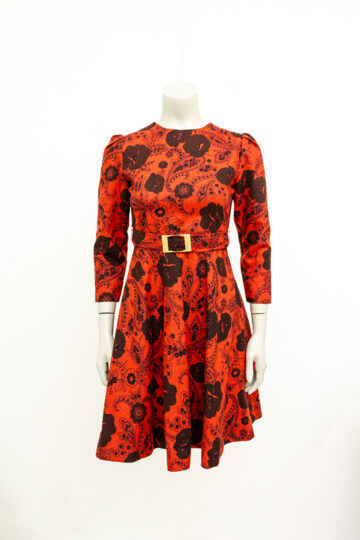 Jaren 60 rode wollen jurk met klaprozen en paisley print