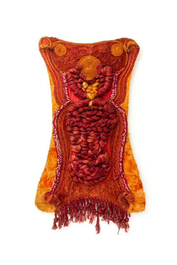 Jaren 70 wandkleed warme kleuren gevlochten met veel textuur