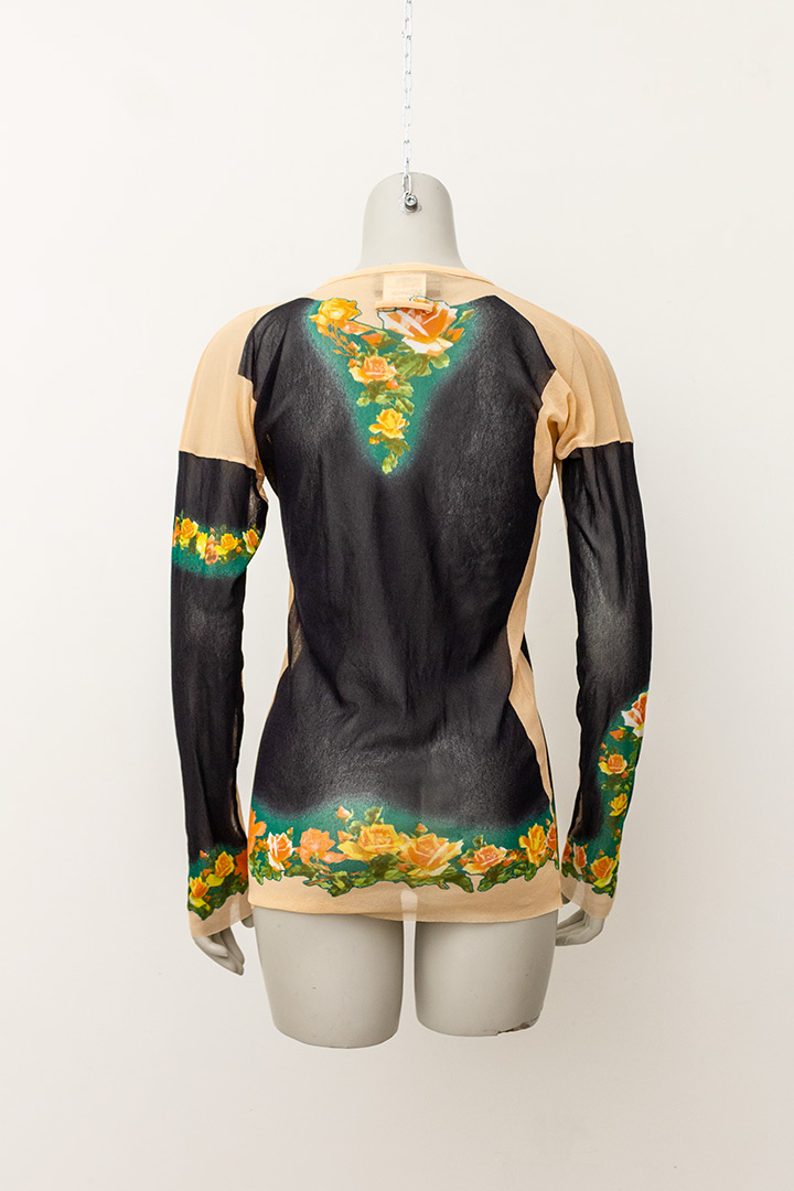 Jean Paul Gaultier vintage sheer longsleeve met rozenprint