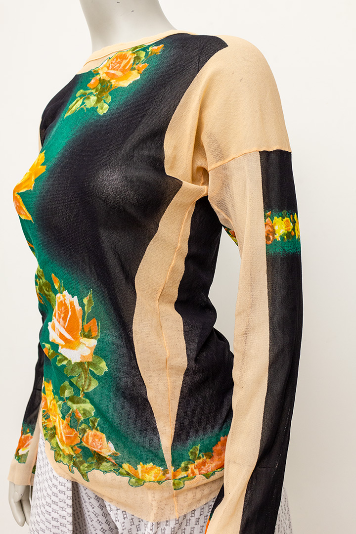 Jean Paul Gaultier vintage sheer longsleeve met rozenprint