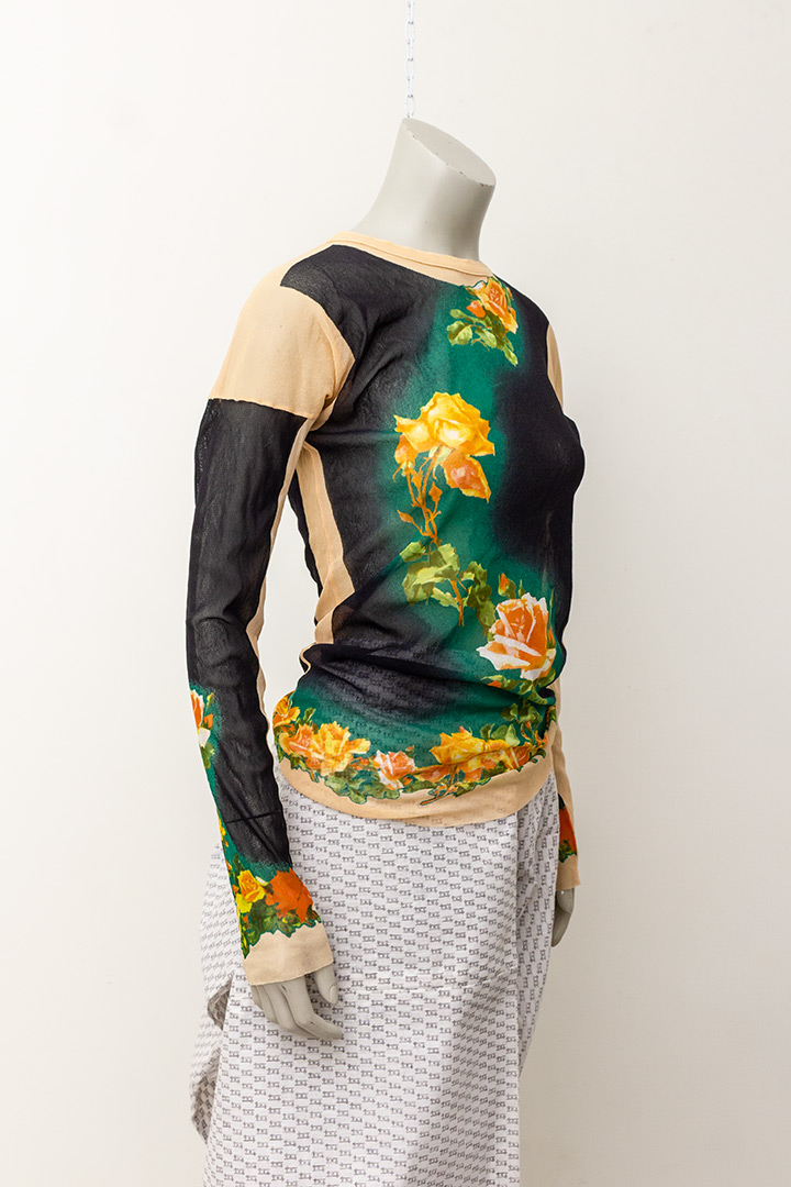 Jean Paul Gaultier vintage sheer longsleeve met rozenprint