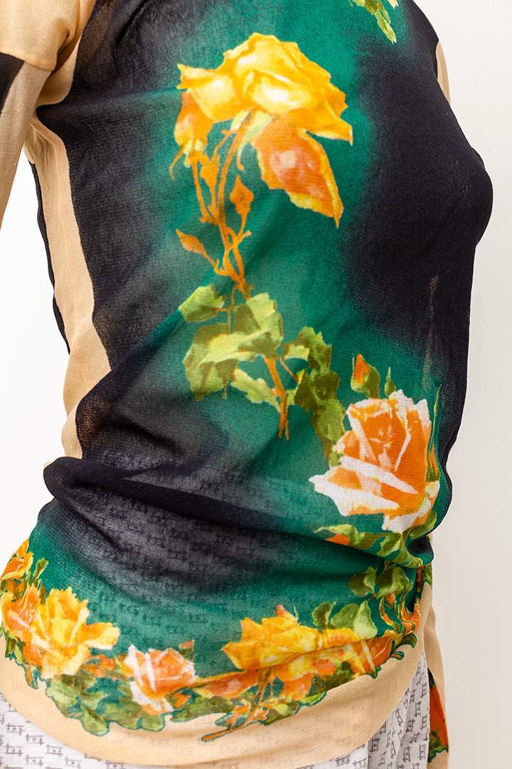 Jean Paul Gaultier vintage sheer longsleeve met rozenprint