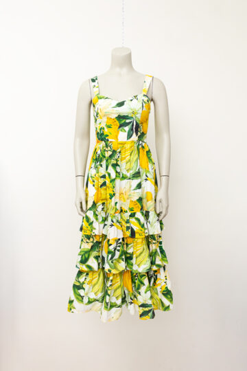 Katoenen zomerjurk geel/groen met tropische bloemen- en fruitprint