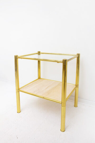 Messing vintage bijzettafel met glasplaat en houten plaat