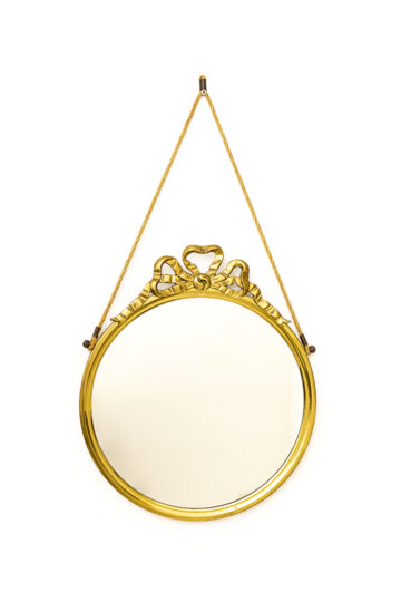 Messing spiegel met strik en bijpassend koord vintage