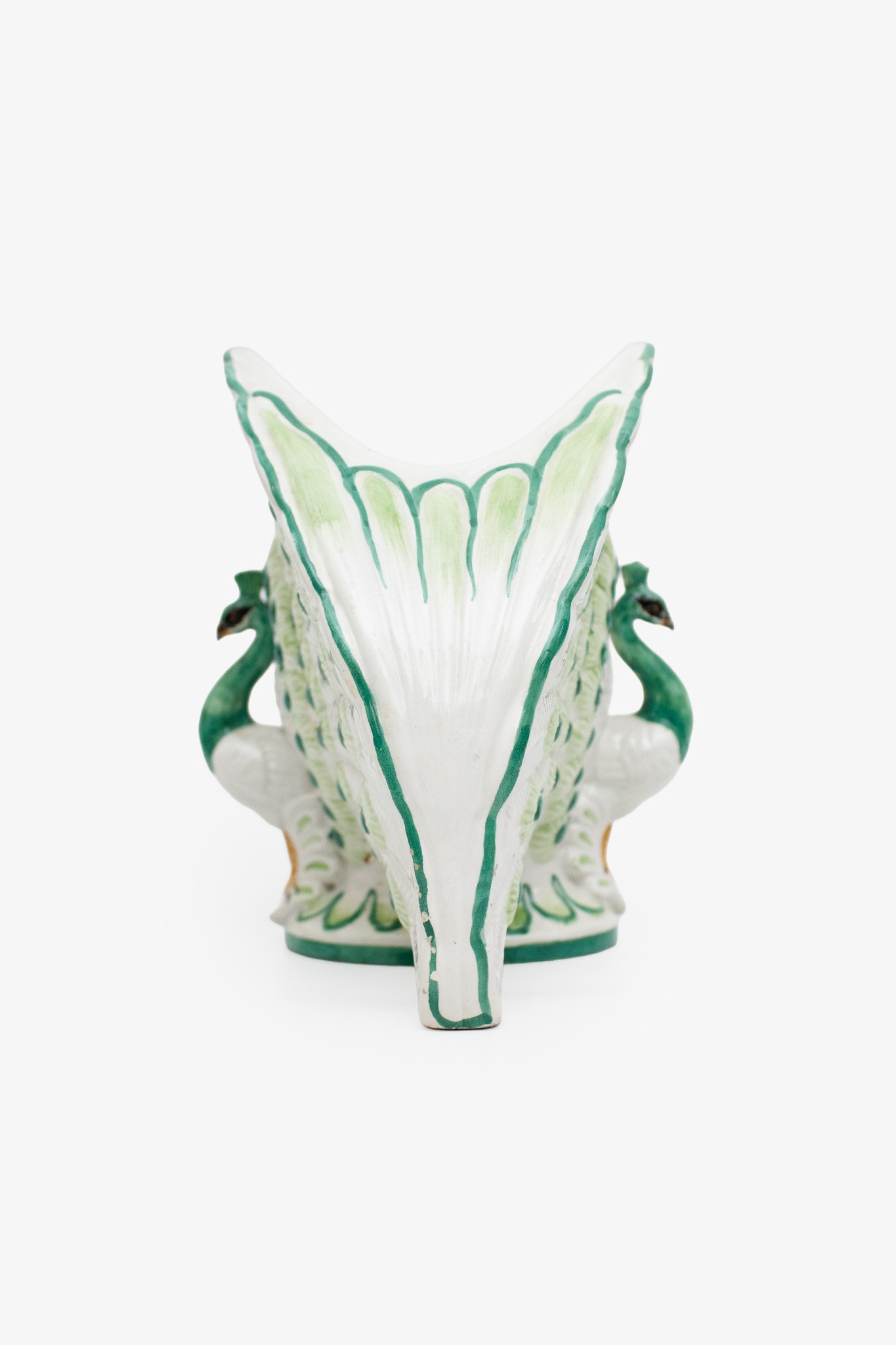 Nora Fenton Majolica vaas/ bloempot wit met groene pauwen