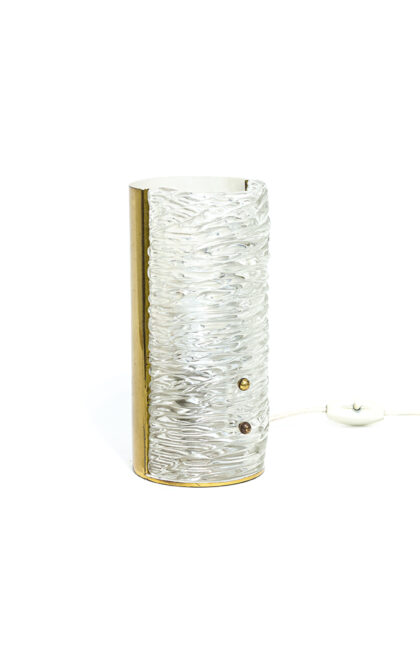 Ronde tafellamp van messing en textuurglas vintage