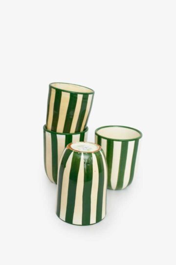 Set van 4 handgemaakte groen wit gestreepte mokken