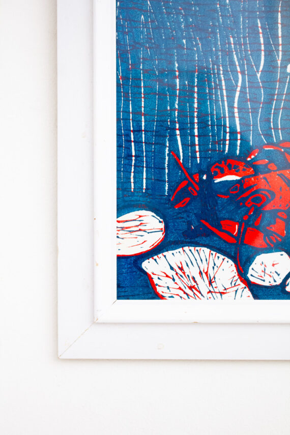Sjabloon / linosnede kunstwerk blauw wit rode onderwaterwereld