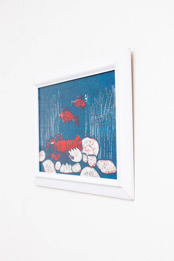 Sjabloon / linosnede kunstwerk blauw wit rode onderwaterwereld
