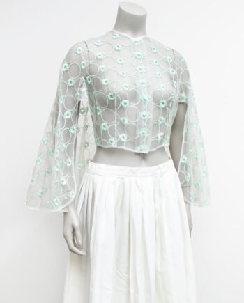 Vintage kanten top / capeje met mintgroene borduursels van bloemen en cirkels
