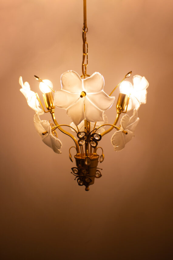 Vintage 80’s messing kroonlichter met Murano bloemen