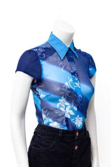 Vintage Dries van Noten blouse blauw chiffon zijde met witte bloemenprint