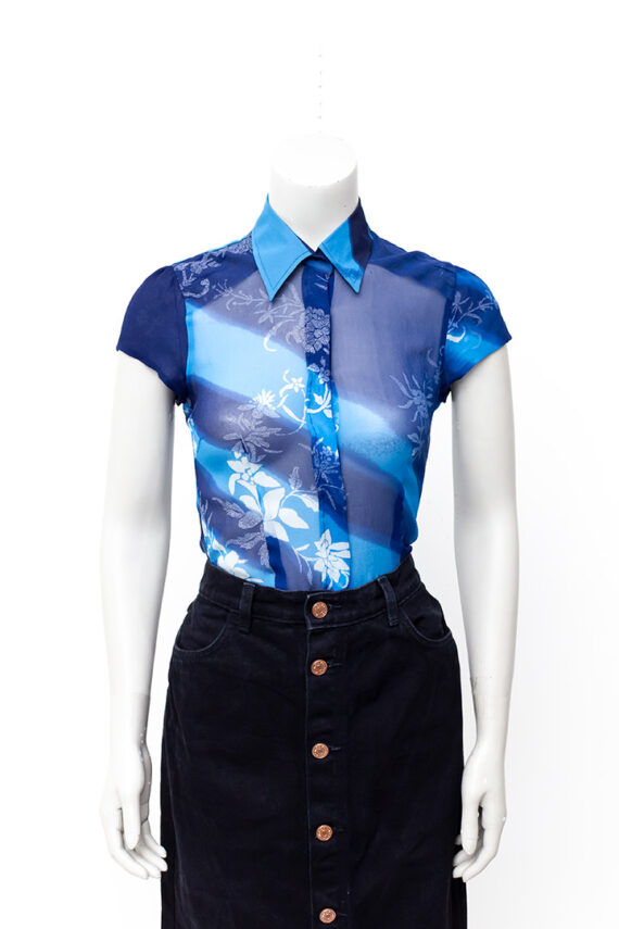 Vintage Dries van Noten blouse blauw chiffon zijde met witte bloemenprint