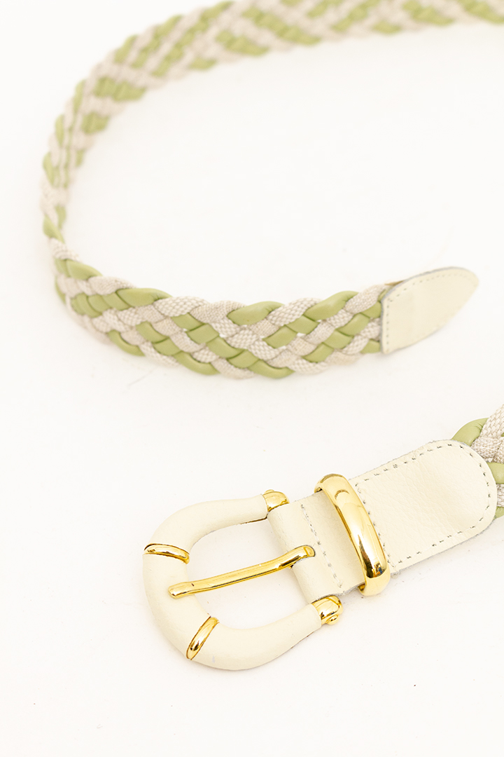 Vintage Franse gevlochten leren riem crème/pistache